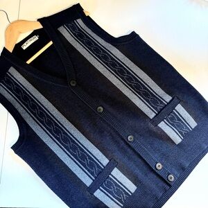 Vintage Preppy Mens Sweater Vest Medium Navy Blue Gray Knit Striped Button Front